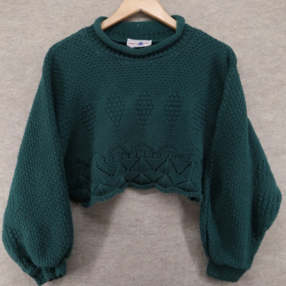 Turtle Bay Cropped Sweater One Size Vintage 90s Chunky Knit Cotton Green USA
